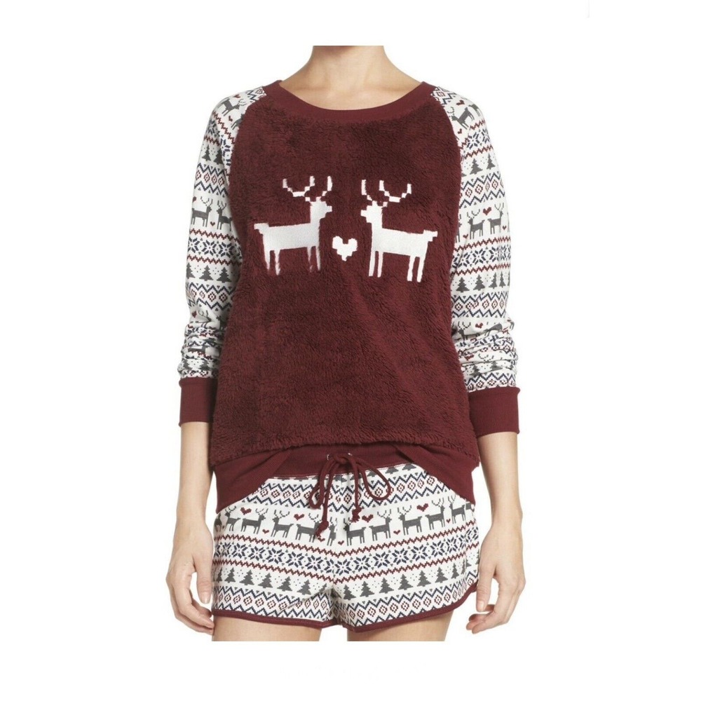 Cozy Zoe Maroon Far isle Plush Raglan Top Drawstring Shorts Lounge Set Size L